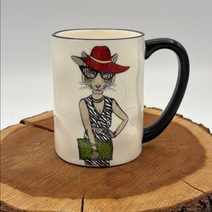 Signature Housewares Hipster Animal Cat Coffee Mug with Red Hat and Green Purse